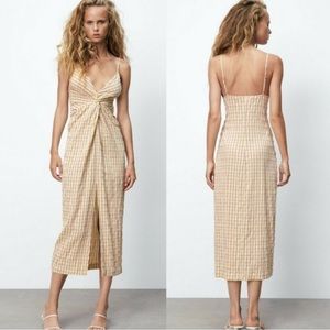 Zara gingham knot detail front slit midi dress